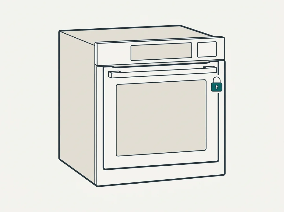 Geschlossener Einbaubackofen von vorn; ein Schlosssymbol an der Türkante zeigt die automatische Verriegelung.