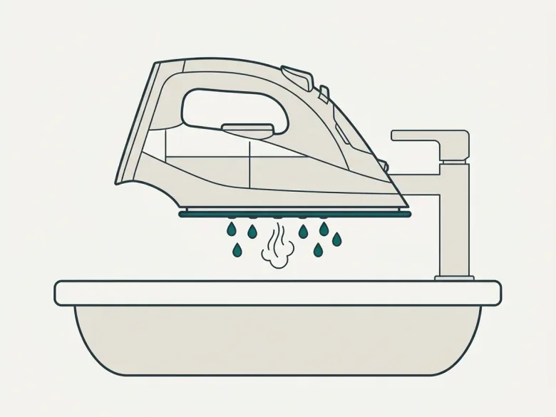 Dampfbügeleisen waagerecht über einem Waschbecken: Aus den Löchern der Sohle treten Tropfen und Dampf aus, der Wassertank ist halb gefüllt.