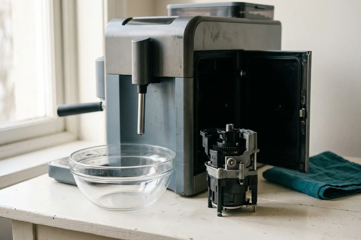 Die geöffnete Seitenklappe eines Kaffeevollautomaten: Die herausnehmbare Brüheinheit steht davor auf der Fläche, der leere Einschub ist zu sehen, daneben wartet eine weite Glasschale.