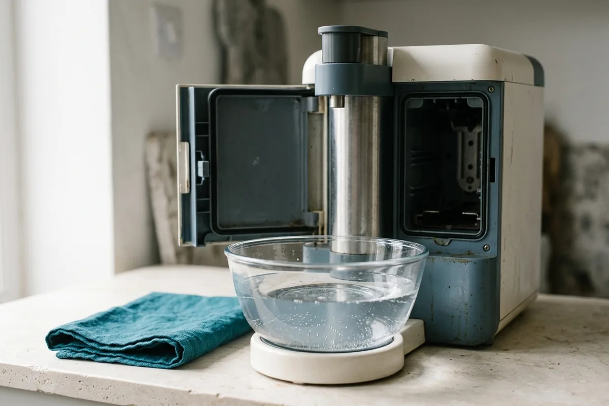 Eine weite Glasschale mit klarer Flüssigkeit steht unter dem Heißwasserauslauf, dahinter die geöffnete Seitenklappe mit leerem Brüheinheit-Einschub.