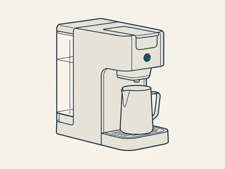 Kapselmaschine mit durchsichtigem Wassertank und einem leeren Gefäß unter dem Auslauf; der runde Netzschalter ist hervorgehoben.