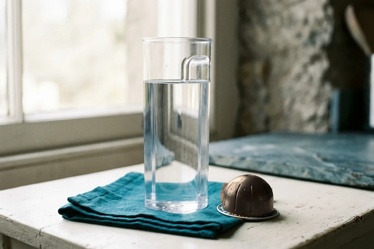 Ein hohes schmales Glasgefäß mit Henkel, bis oben mit klarem Wasser gefüllt; daneben liegt eine gebrauchte kuppelförmige Kapsel.