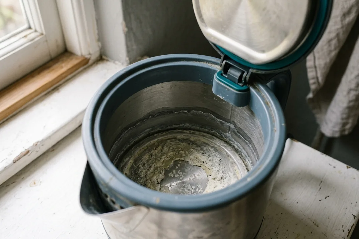 Blick in einen offenen Wasserkocher: Der Heizboden liegt unter einer dicken hellen Kalkkruste, darüber zeichnet sich der Rand der früheren Wasserlinie ab.