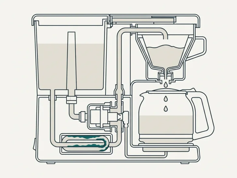 Querschnitt einer Filterkaffeemaschine: Kalk sitzt im Durchlauferhitzer zwischen Tank und Filter.