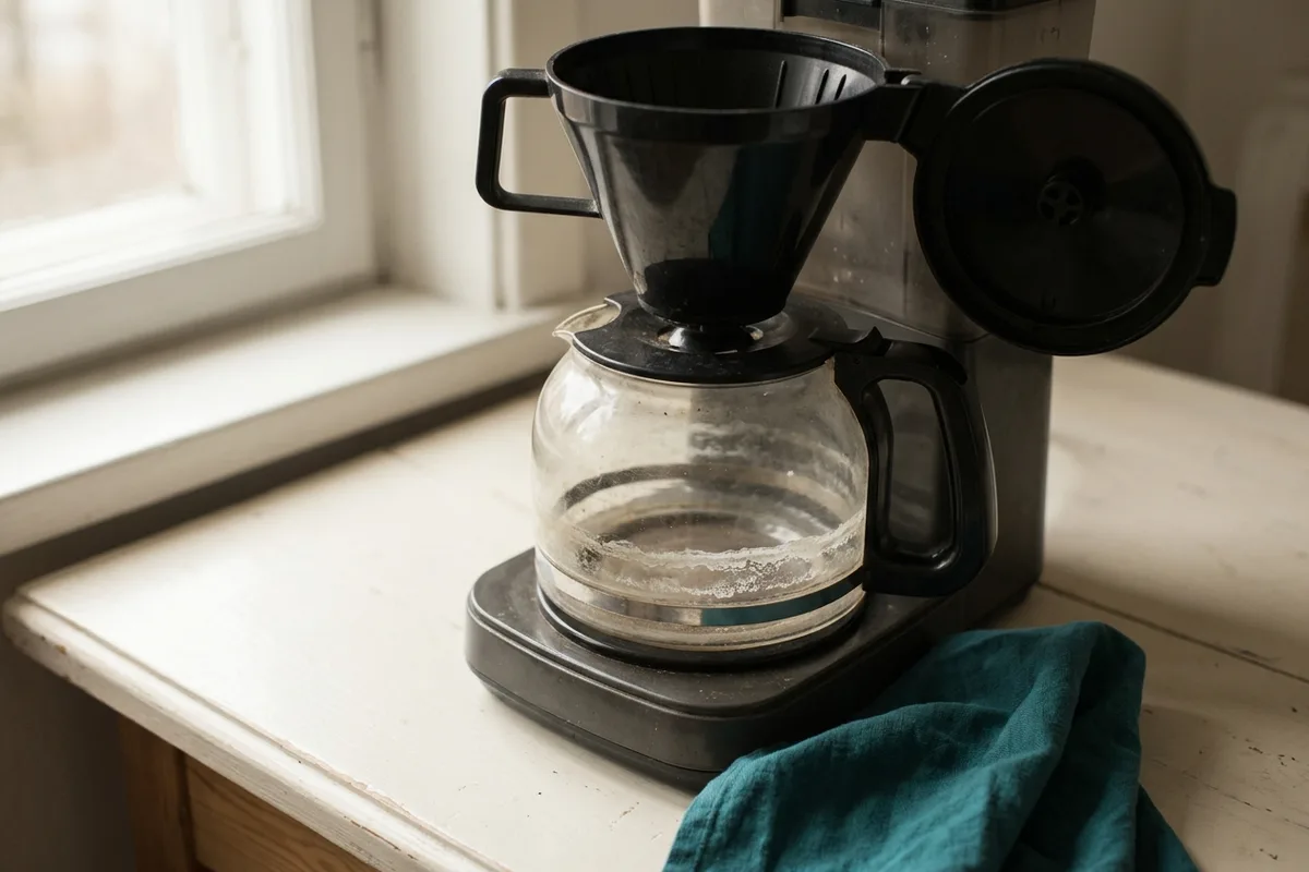 Eine Filterkaffeemaschine mit schwarzem Filterhalter; in der Glaskanne auf der Warmhalteplatte sitzt ein heller Rand aus Ablagerungen.