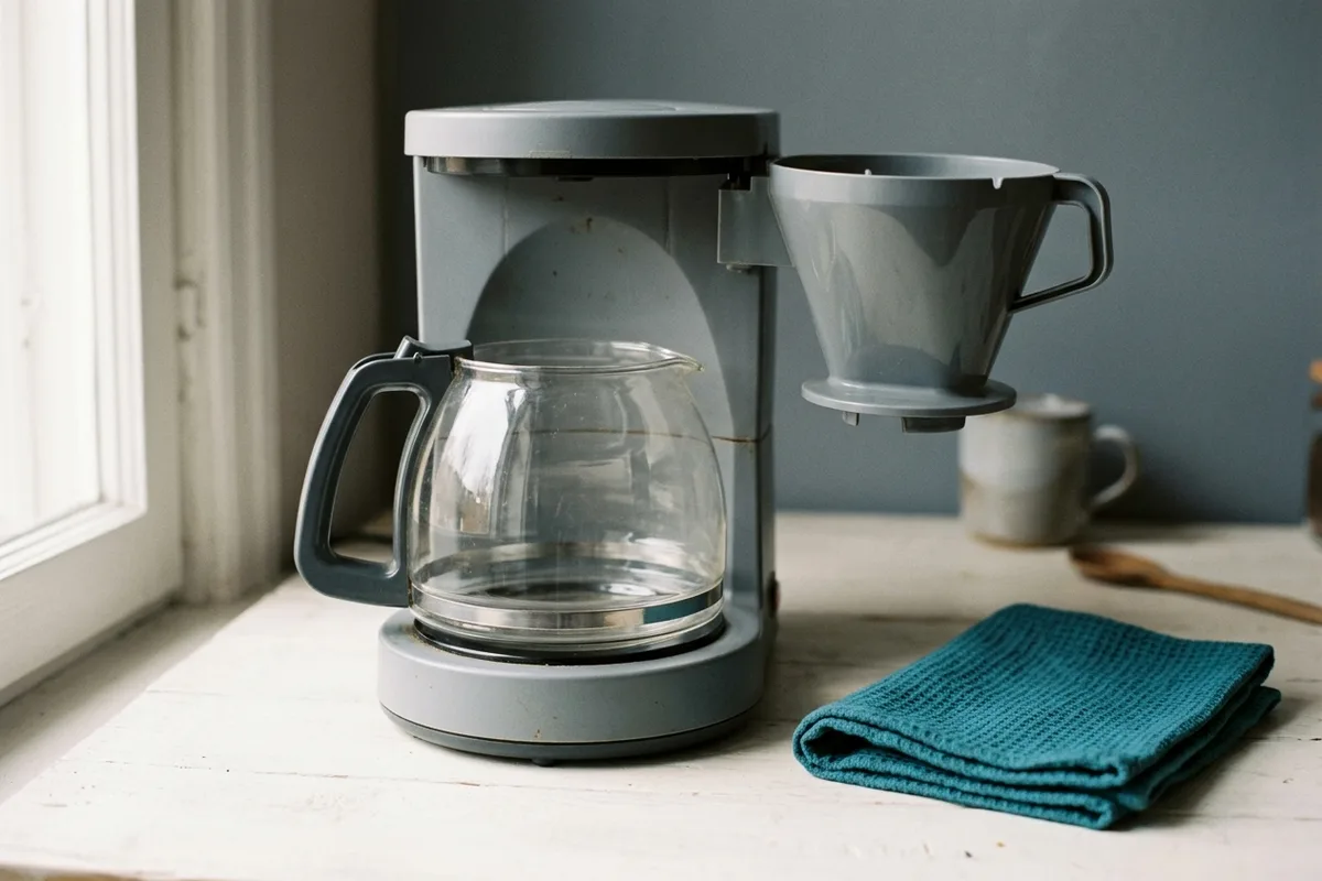 Eine leere Glaskanne steht auf der Warmhalteplatte einer Filterkaffeemaschine, der Filterhalter ist ausgeschwenkt und leer.
