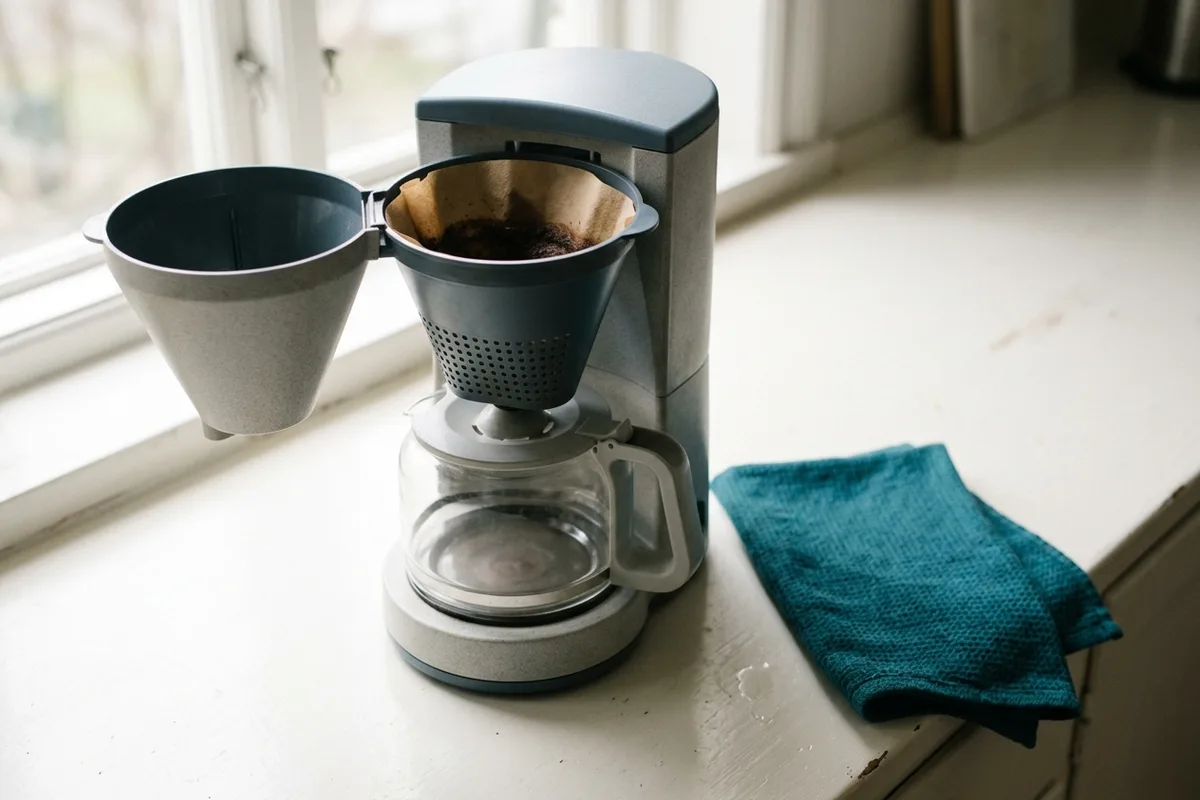 Der ausgeschwenkte Kegelfilterhalter einer Filtermaschine mit einer gebrauchten Papierfiltertüte samt Kaffeesatz; darunter steht die leere Glaskanne.