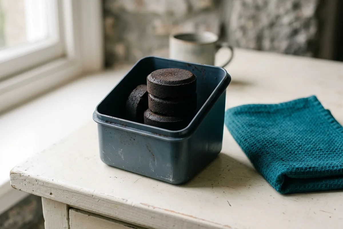 Ein herausgezogener Tresterbehälter mit mehreren gepressten, noch zylindrischen Kaffeesatz-Pucks.