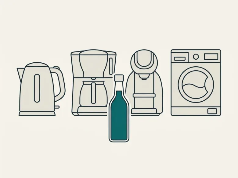 Vier Geräte in einer Reihe — Wasserkocher, Filterkaffeemaschine, Padmaschine und Waschmaschine — davor eine Essigflasche.