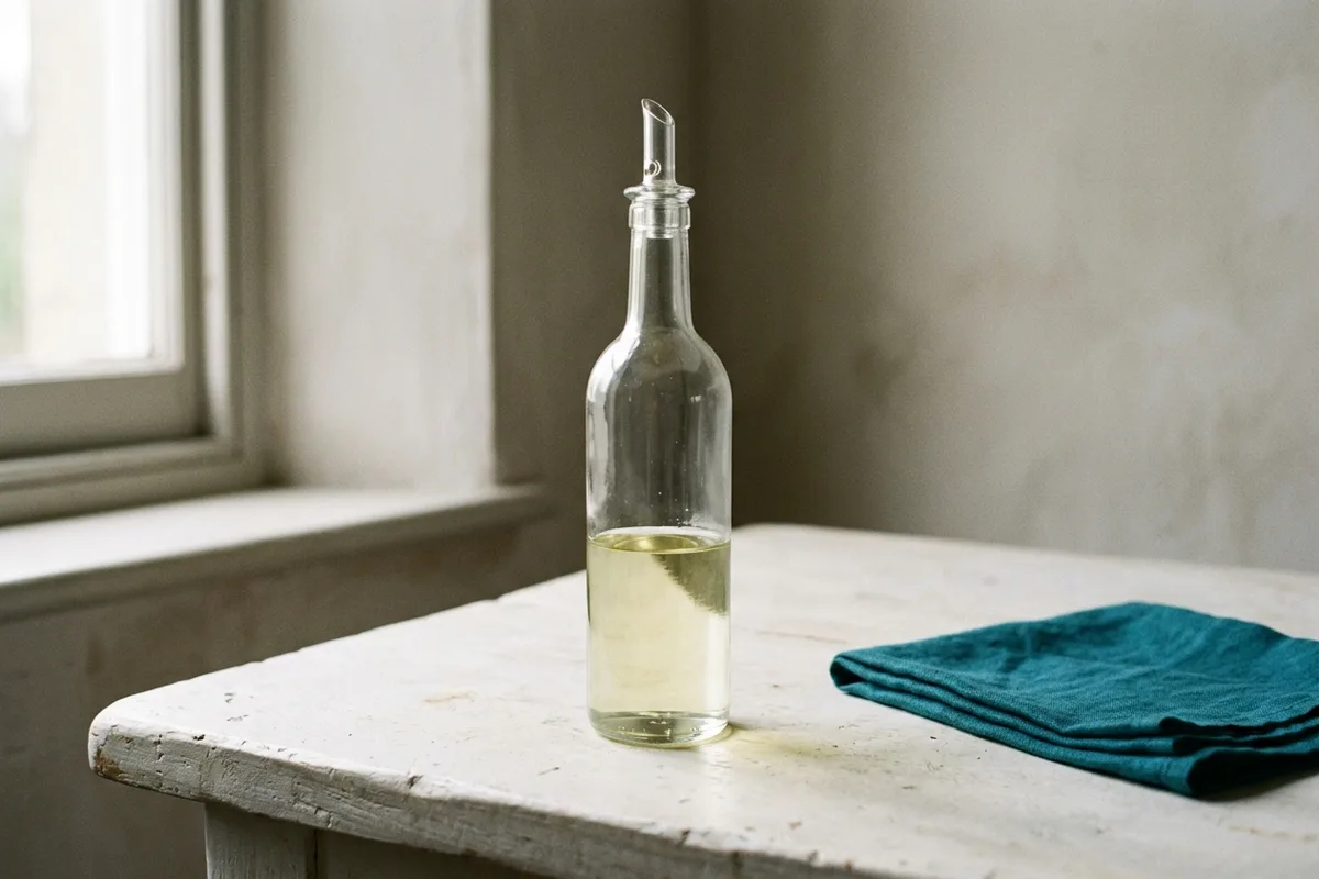 Eine hohe Glasflasche mit Ausgießer steht allein auf einem Tisch, zu etwa einem Drittel mit einer blassen Flüssigkeit gefüllt; ein zweites Gefäß ist nicht im Bild.