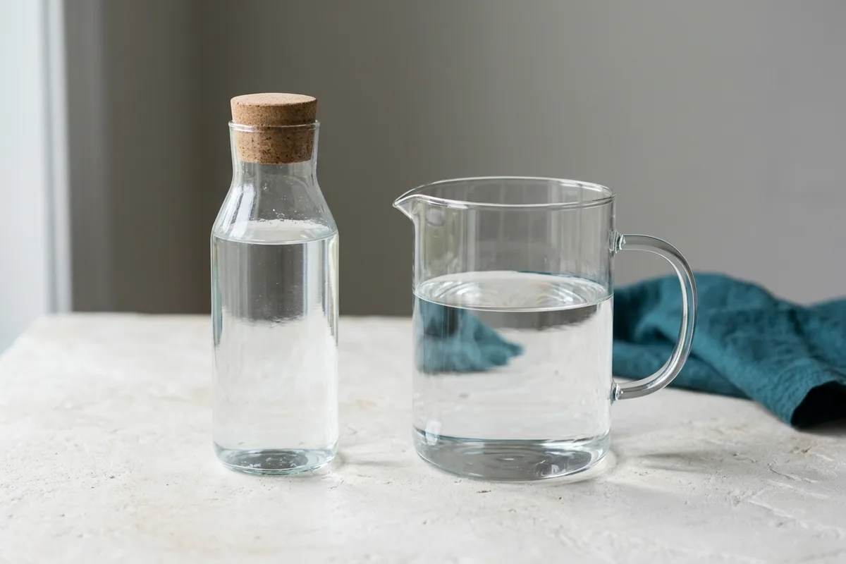 Eine verschlossene Glasflasche mit klarer Flüssigkeit steht neben einem Krug mit Wasser; ein zweites Mittel ist nicht im Bild.