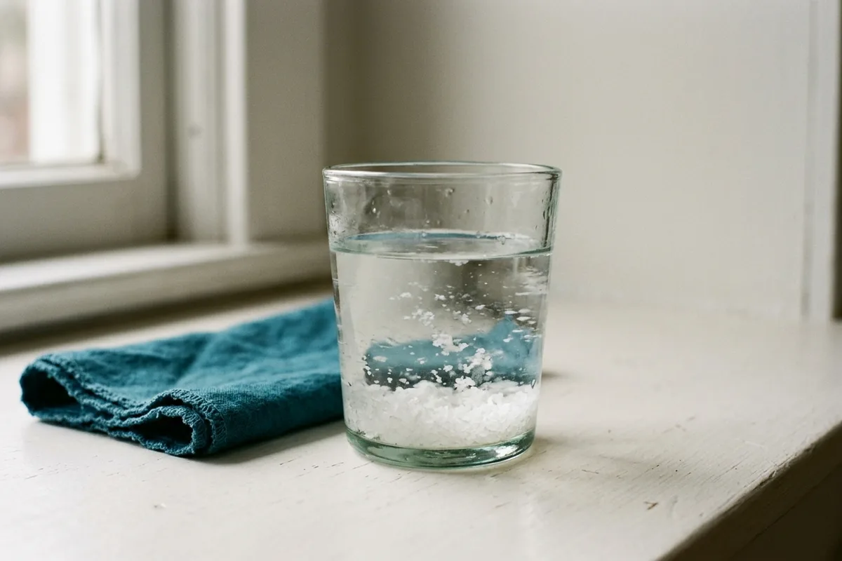 Ein Trinkglas mit Wasser, in dem sich weiße Kristalle halb aufgelöst haben; ein Teil liegt noch am Boden.
