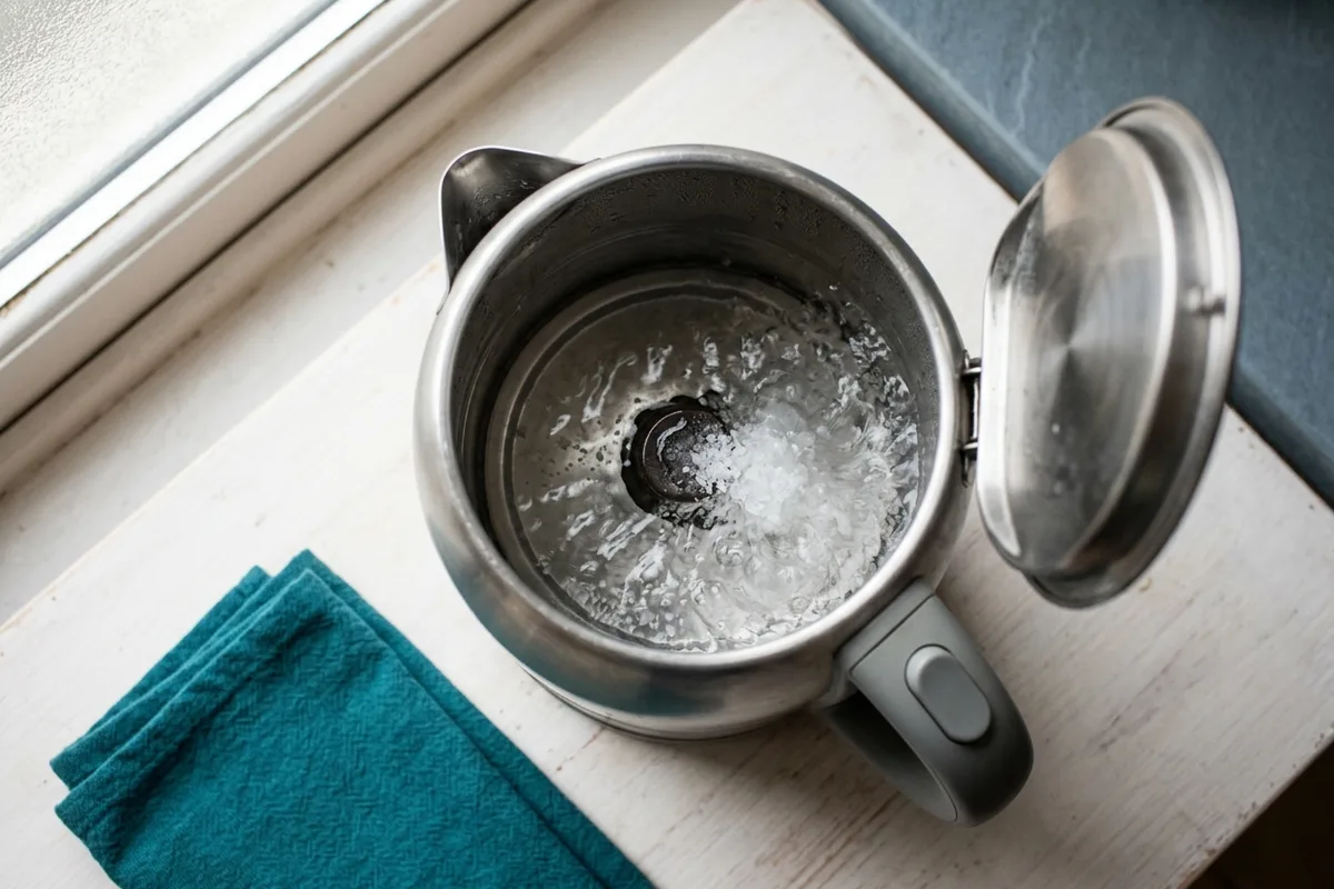 Ein Wasserkocher von oben mit geöffnetem Deckel: grobe weiße Kristalle liegen im Wasser über dem flachen Heizboden. Die Kontaktplatte ist nicht im Bild.