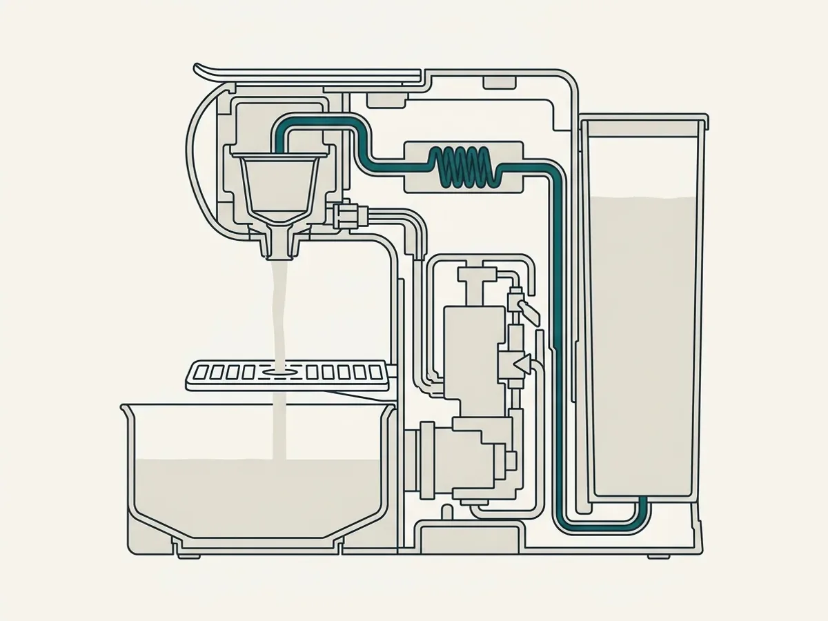 Querschnitt durch eine Kapselmaschine mit Wassertank, enger Wasserleitung und einem großen Auffanggefäß unter dem Auslauf.