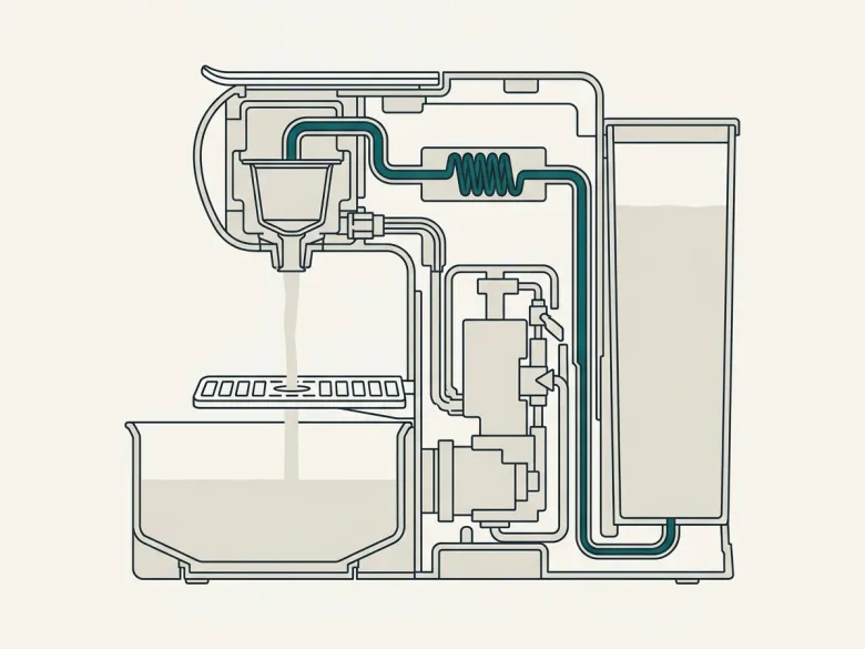 Querschnitt durch eine Kapselmaschine mit Wassertank, enger Wasserleitung und einem großen Auffanggefäß unter dem Auslauf.