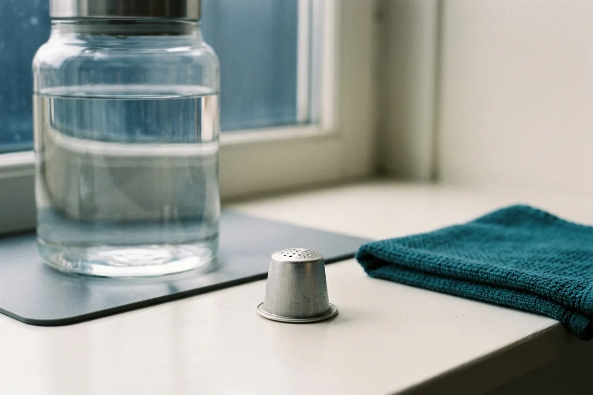 Eine kleine kegelförmige Aluminiumkapsel steht mit der durchstochenen Seite nach oben auf der Fläche, dahinter ein großes Glasgefäß mit klarem Wasser.