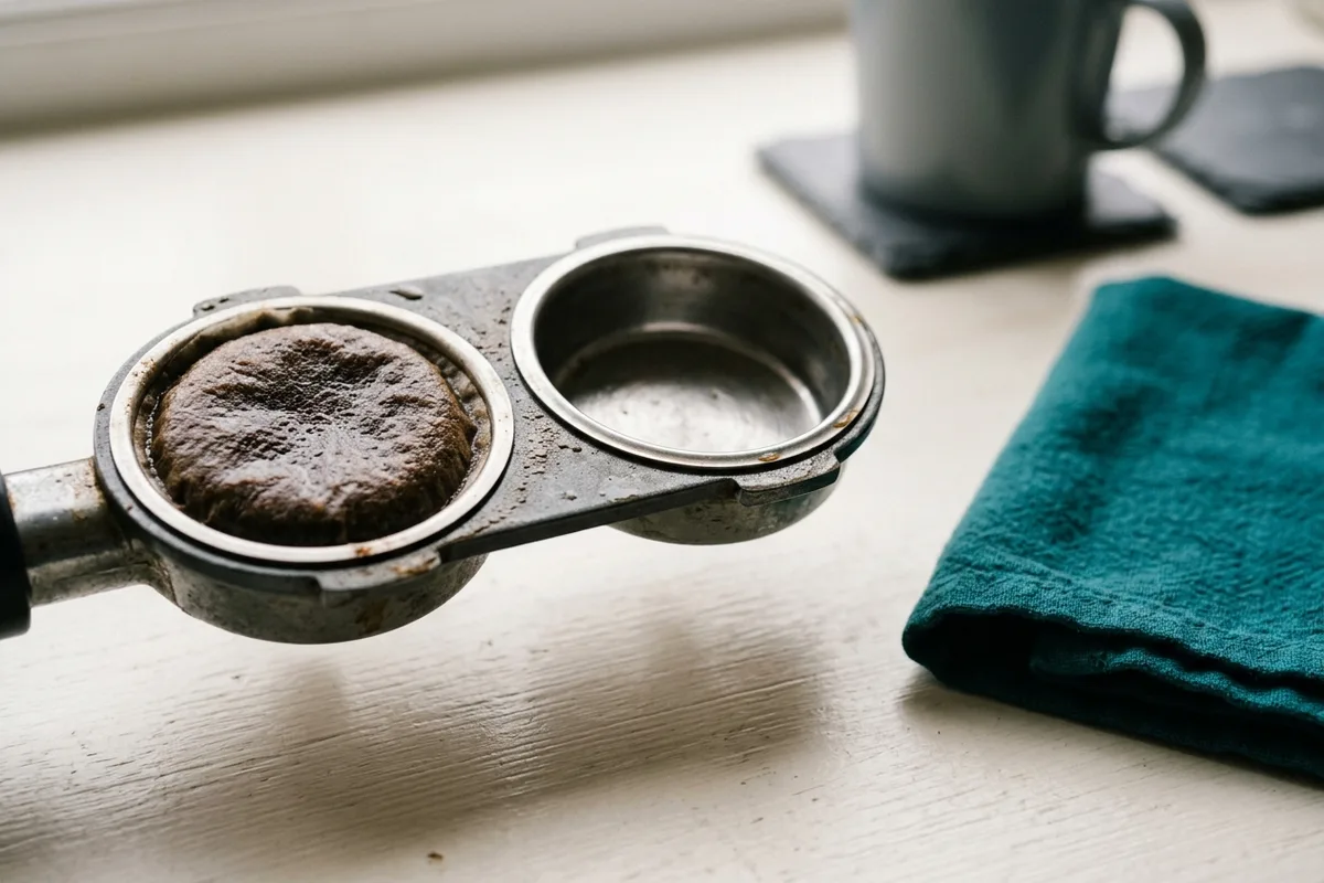 Ein Padhalter mit zwei Mulden, aus der Maschine genommen: In einer Mulde liegt ein gebrauchtes, vollgesogenes Kaffeepad, die andere ist leer.
