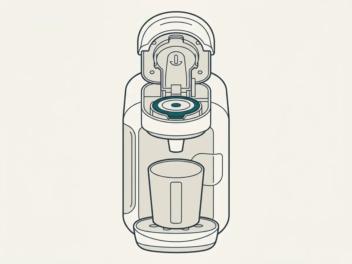 Eine Padmaschine von vorn mit geöffnetem Brühkopf, einer runden Service-Disc im Halter und einem Gefäß unter dem Auslauf.