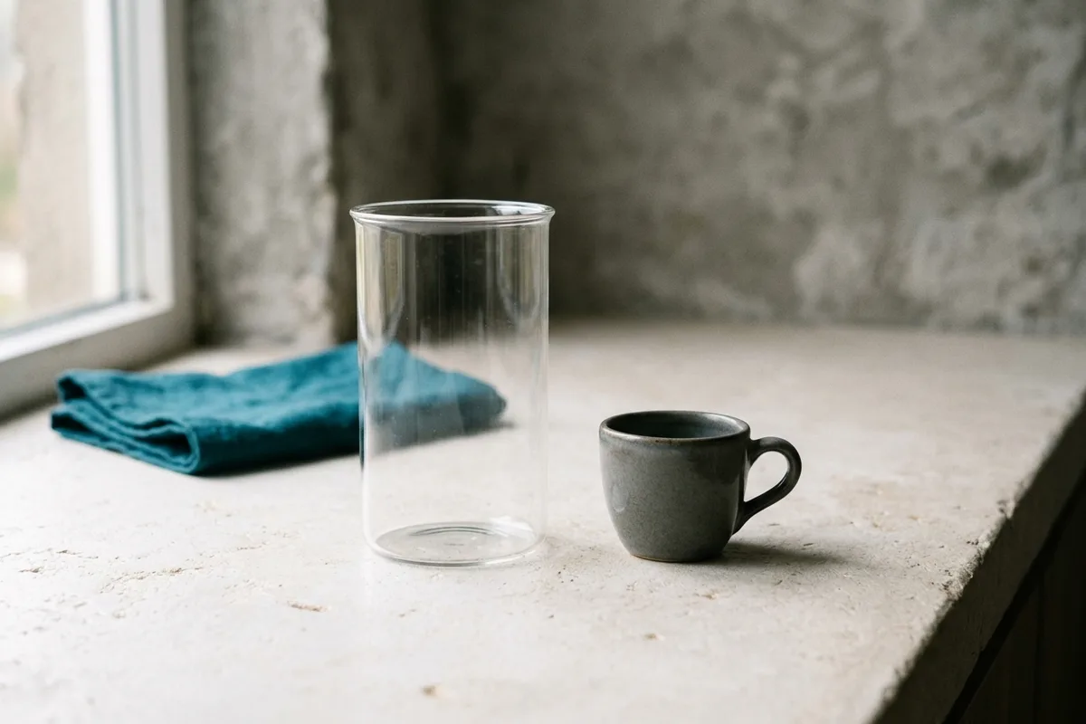 Ein gerader Glasbecher steht neben einer kleinen Espressotasse, beide leer und nebeneinander; der Größenunterschied ist der Bildinhalt.