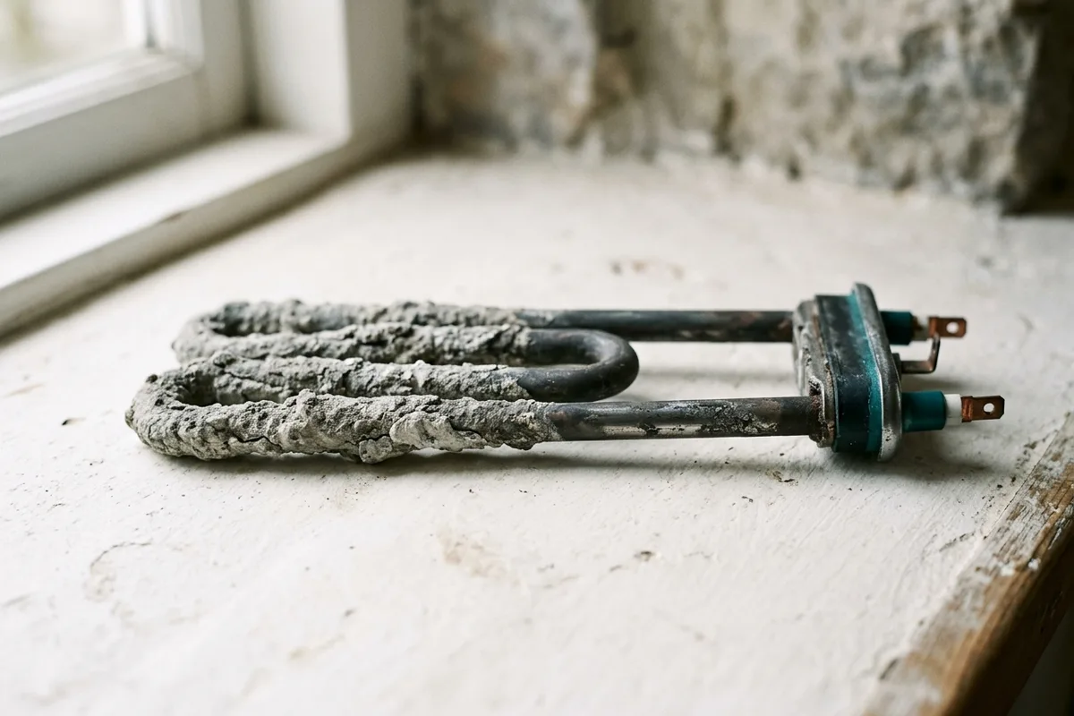 Der ausgebaute Heizstab einer Waschmaschine: Die eine Hälfte steckt in einer dicken grauweißen Kalkkruste, die andere ist blankes Metall.