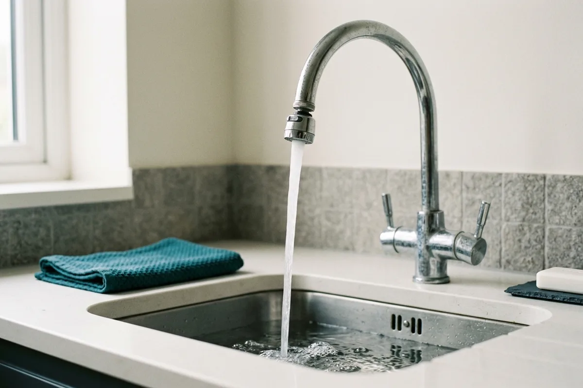 Aus einem Wasserhahn läuft ein gerader, ungebrochener Wasserstrahl in ein Becken; der Perlator ist wieder eingeschraubt.