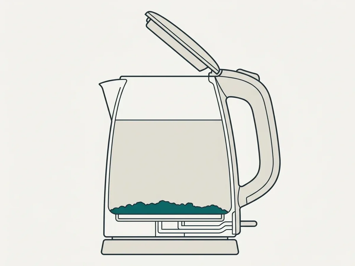 Querschnitt eines Wasserkochers: Die Kalkschicht sitzt auf dem Heizboden, dort wo das Wasser am heißesten wird.