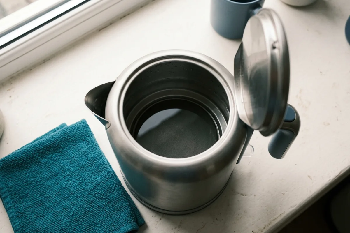Ein Wasserkocher von oben mit geöffnetem Deckel: Über dem flachen Boden im Inneren steht eine dünne Schicht klarer Flüssigkeit.