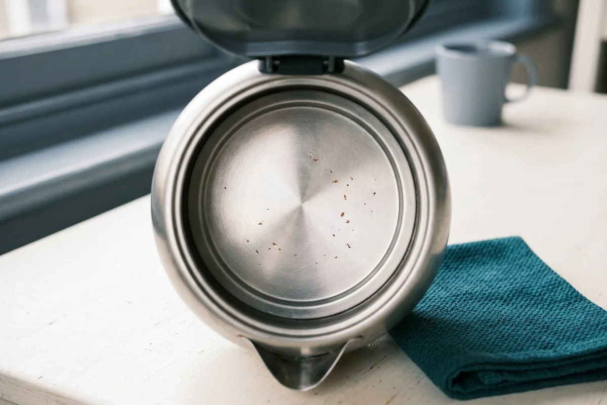 Der Innenboden eines Wasserkochers von oben: blanker Edelstahl mit einigen kleinen rotbraunen Flecken, kein Kalk und kein Wasser.
