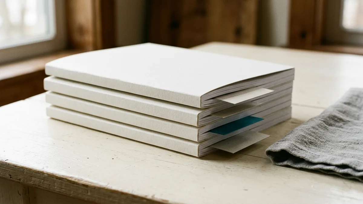 Vier geschlossene Bedienungsanleitungen liegen gestapelt auf einem Tisch; schmale Papierstreifen markieren die Wartungskapitel.