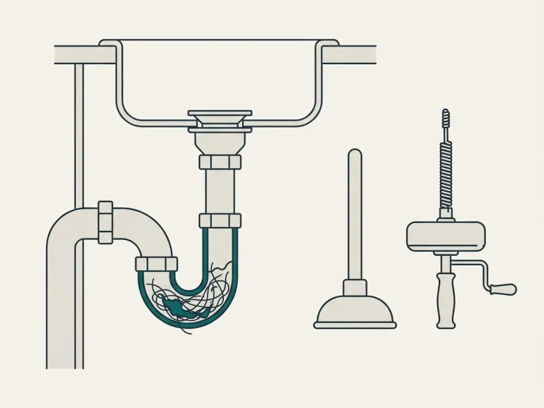 Querschnitt durch Spülbecken und Siphon mit einem Knäuel im Bogen, daneben eine Saugglocke und eine Rohrreinigungsspirale.