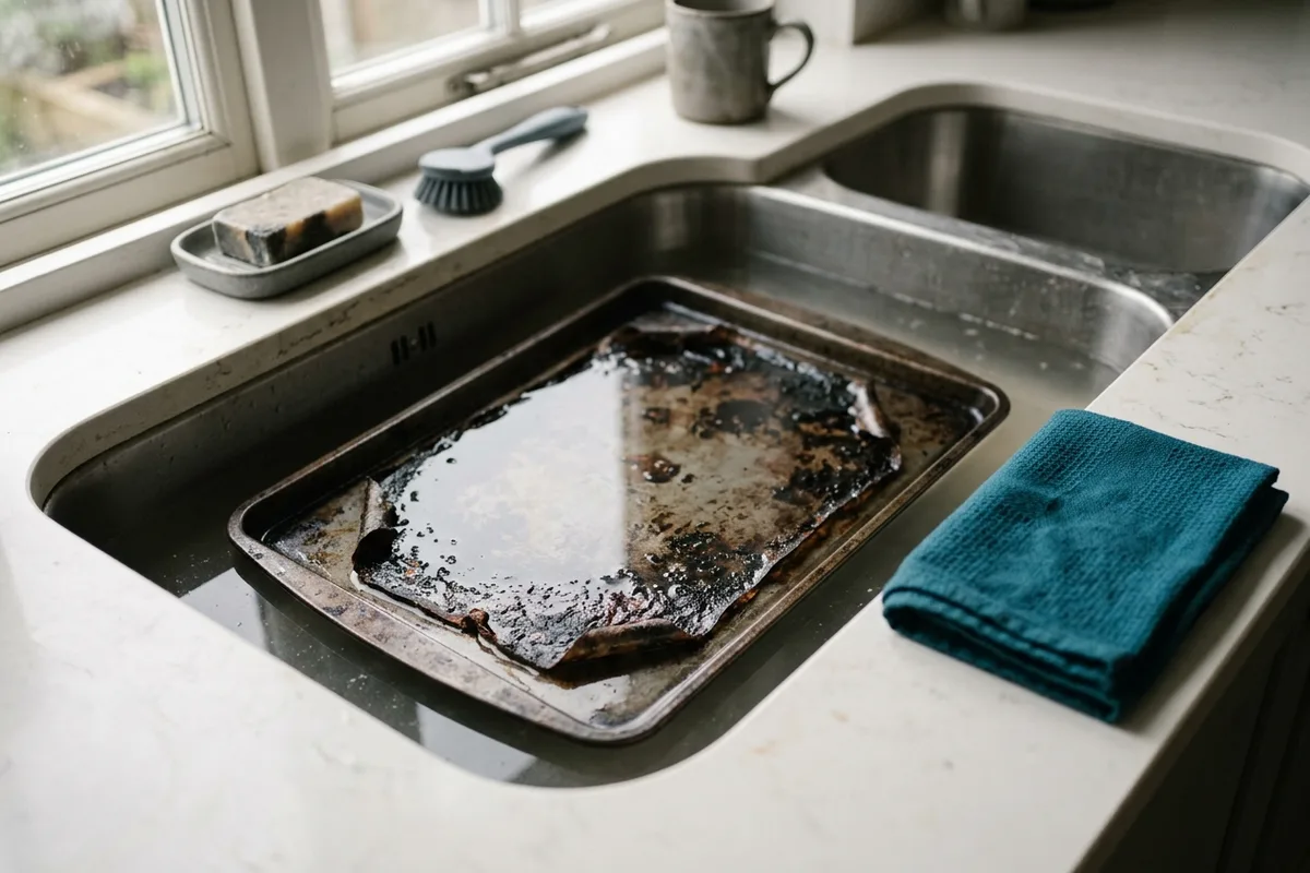 Ein Backblech liegt flach in einem Spülbecken unter Wasser; der eingebrannte Belag löst sich an den Rändern.