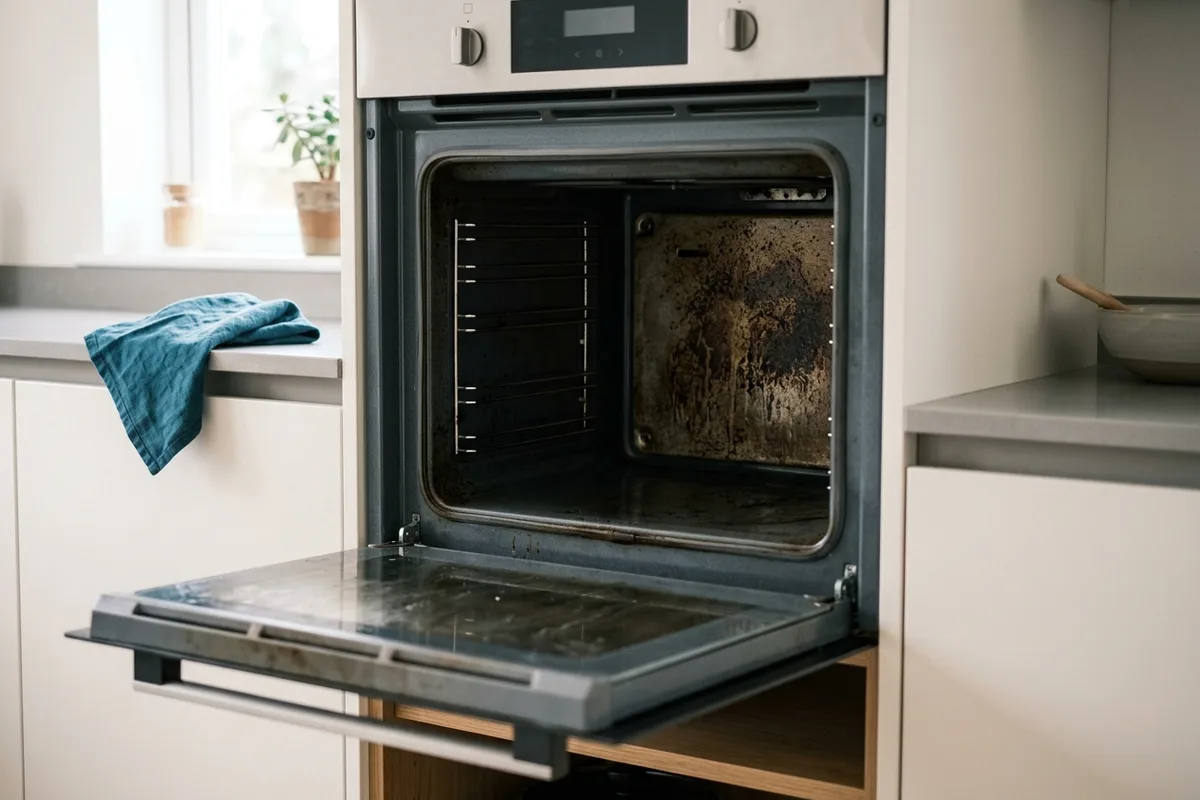 Ein eingebauter Backofen in einer Küchenzeile, die Tür waagerecht heruntergeklappt; an Rückwand und einer Seitenwand sitzen eingebrannte braune Spritzer, die gegenüberliegende Seite ist sauber, die Einhängegitter sind leer.
