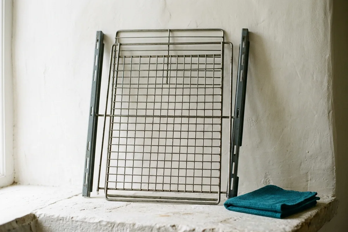 Die Backofenroste und ihre seitlichen Einhängegitter stehen herausgenommen an eine Wand gelehnt.