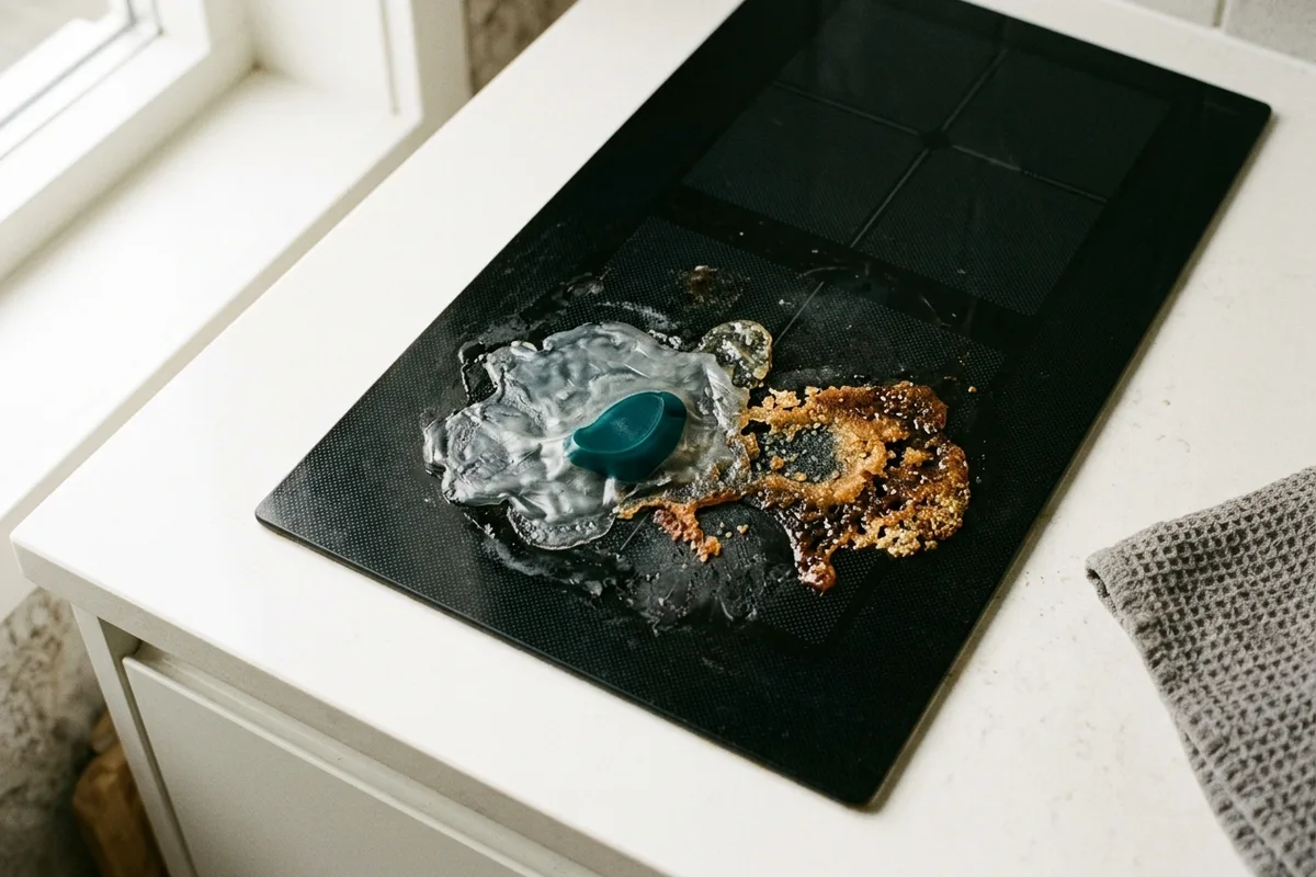Ein Ceranfeld von oben: ein erkalteter Schmelzfleck aus Kunststoff und daneben eine eingebrannte Zuckerspur auf dem schwarzen Glas.