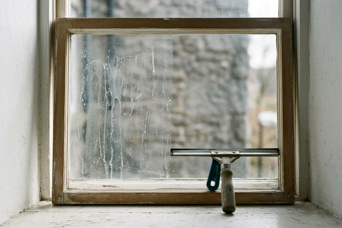 Eine Fensterscheibe von vorn: Die linke Hälfte ist streifig getrocknet, die rechte klar; unten lehnt ein Abzieher mit Gummilippe.