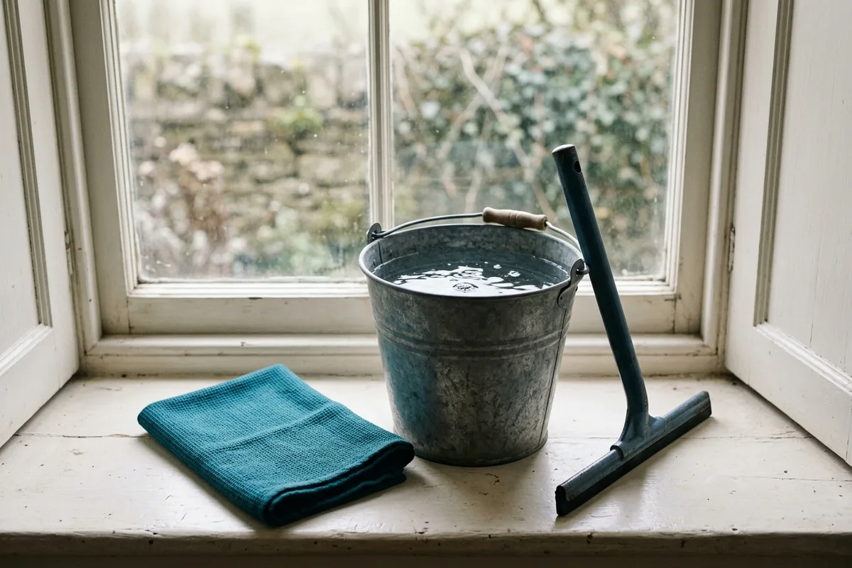 Ein Eimer mit Wasser und ein Abzieher mit Gummilippe stehen zusammen auf einem Fensterbrett.