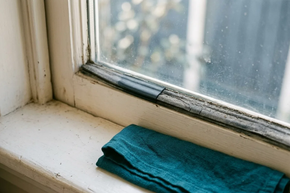 Nahaufnahme der Gummidichtung eines Fensterrahmens entlang der Scheibe.