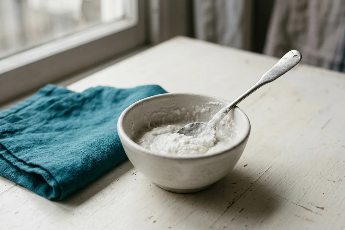 Eine dicke weiße Paste aus Pulver und Wasser in einer kleinen Schale, ein Löffel steckt darin.
