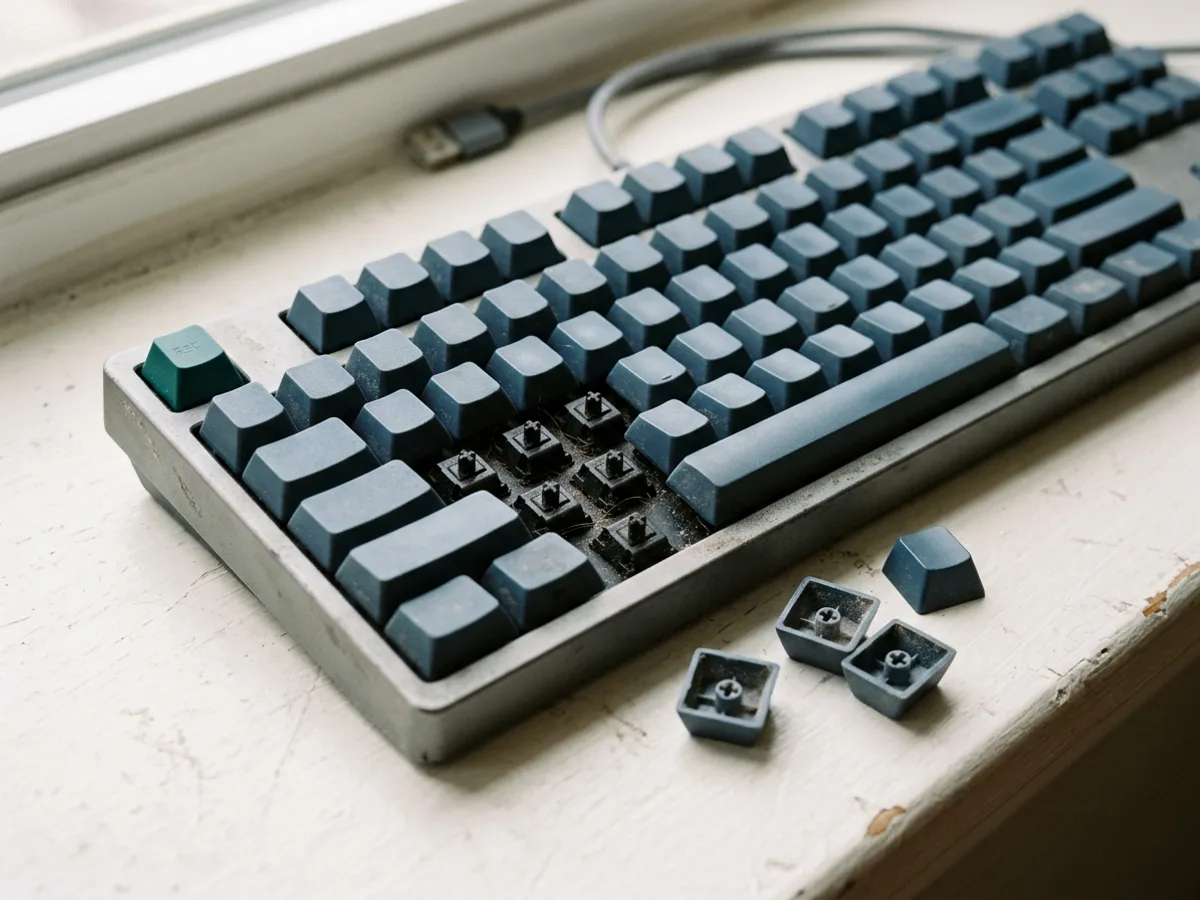 Eine mechanische Tastatur mit drei abgenommenen, unbeschrifteten Tastenkappen daneben; die freiliegenden Schaltersockel und Staub in den Tastenmulden sind zu sehen.