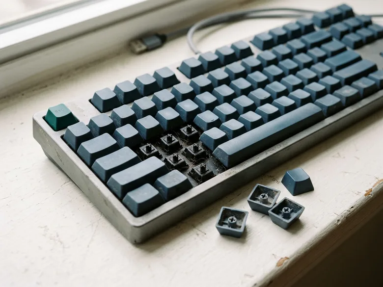 Eine mechanische Tastatur mit drei abgenommenen, unbeschrifteten Tastenkappen daneben; die freiliegenden Schaltersockel und Staub in den Tastenmulden sind zu sehen.