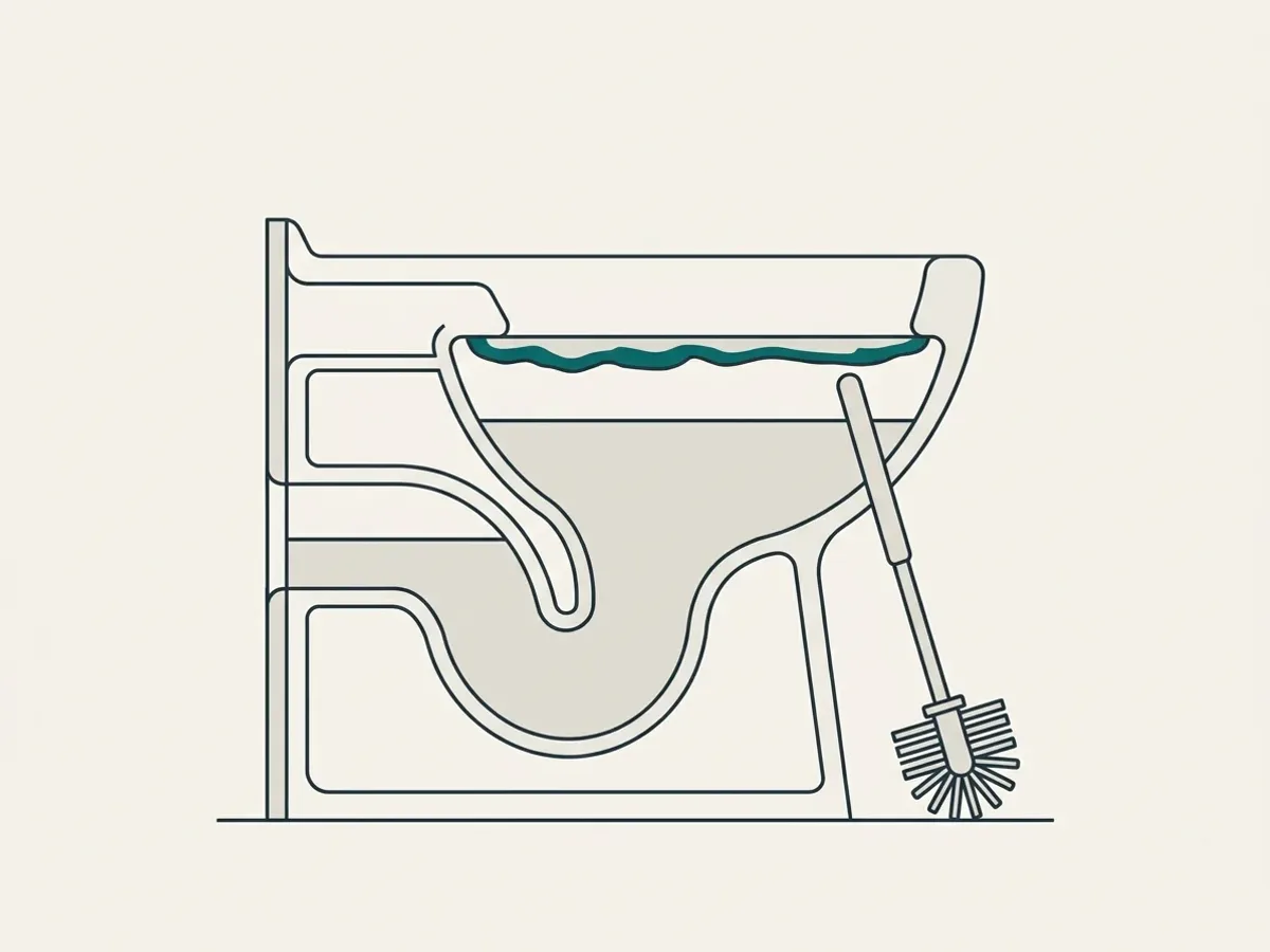 Querschnitt durch eine Toilettenschüssel: der Wasserstand und darüber ein Rand aus Ablagerungen, daneben eine Bürste.