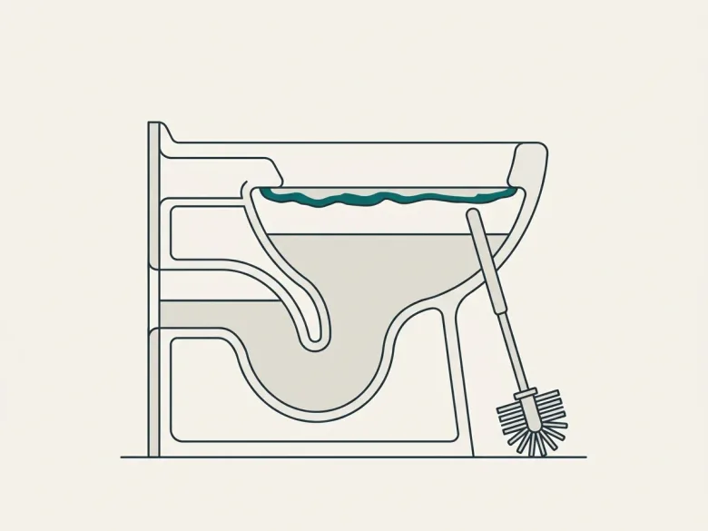 Querschnitt durch eine Toilettenschüssel: der Wasserstand und darüber ein Rand aus Ablagerungen, daneben eine Bürste.