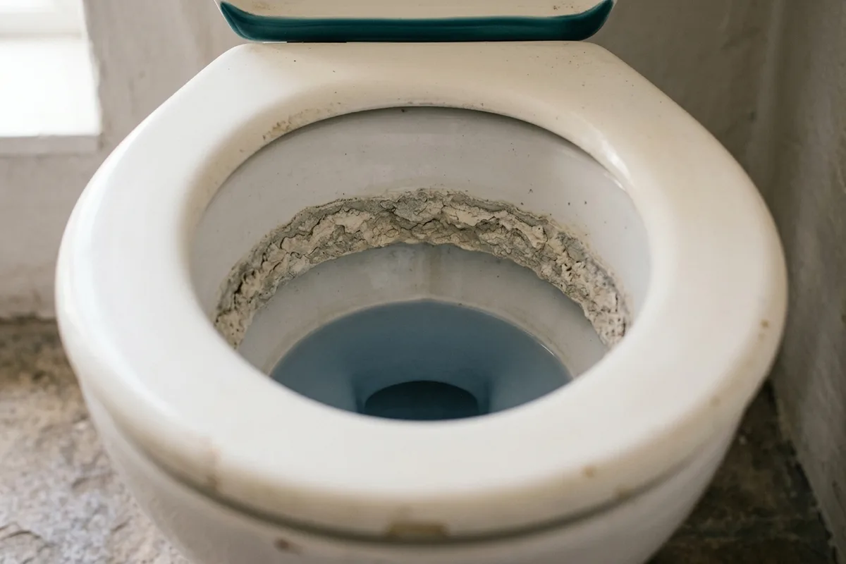 Der Innenrand einer Toilettenschüssel von oben: Entlang der Wasserlinie sitzt ein harter heller Kalkring, darüber ist das Porzellan sauber.