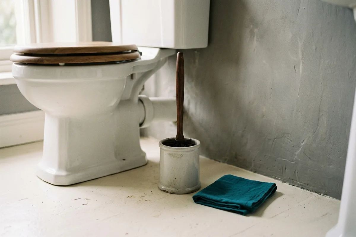 Eine Toilettenbürste steht trocken in ihrem Halter neben einer Toilette.