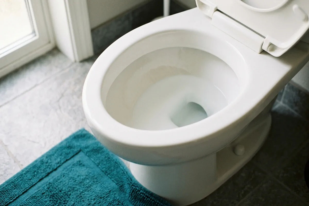 Die Wasserlinie im Inneren einer Toilettenschüssel, das Porzellan gleichmäßig sauber und ohne Rand.