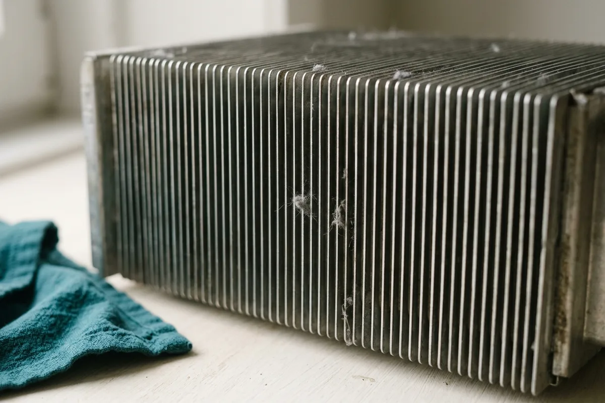 Die Kühlrippen eines Trockner-Wärmetauschers von der Seite: dicht an dicht stehende dünne Metalllamellen mit scharfen Kanten, zwischen denen einzelne graue Flusen hängen.