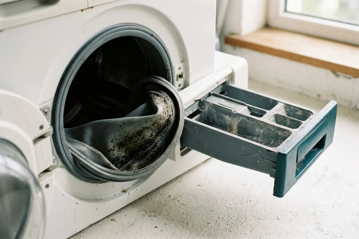 Die zurückgeklappte Türmanschette einer Waschmaschine mit dunklen Flecken in der Falte; daneben die herausgezogene Waschmittelschublade mit grauen Rückständen.