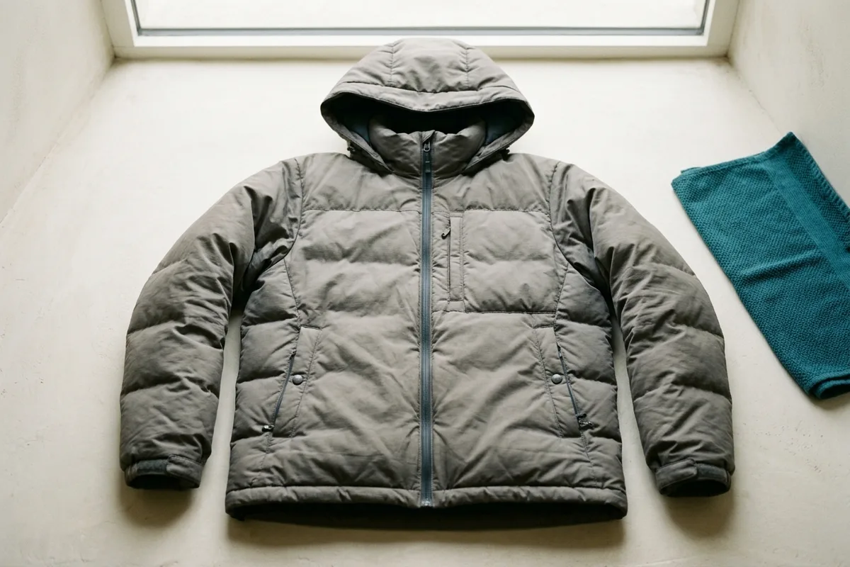 Eine Daunenjacke liegt flach ausgebreitet, vollständig zugezogen, die Kapuze nach hinten gelegt.