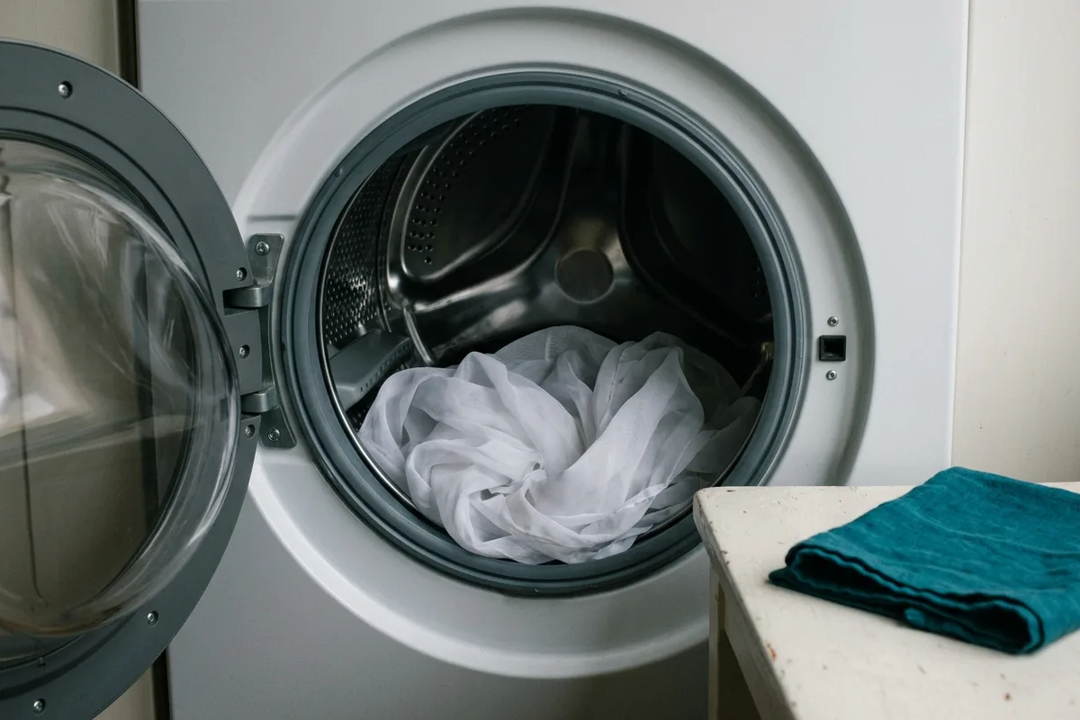Die Trommel einer Waschmaschine bei geöffneter Tür, locker mit einer transparenten Gardine gefüllt, die nur die untere Hälfte einnimmt; darüber bleibt Luft bis zur Trommeloberkante.