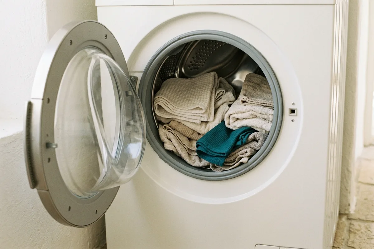 Die Trommel einer Waschmaschine, etwa zur Hälfte mit gefalteten Handtüchern beladen, durch die offene Tür gesehen.